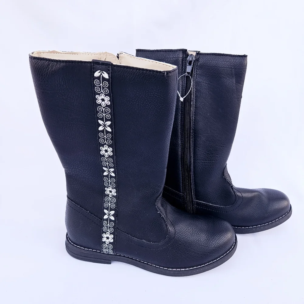 Hanna Andersson Regina Tall Boots Black With Silver Flowers And Zippers